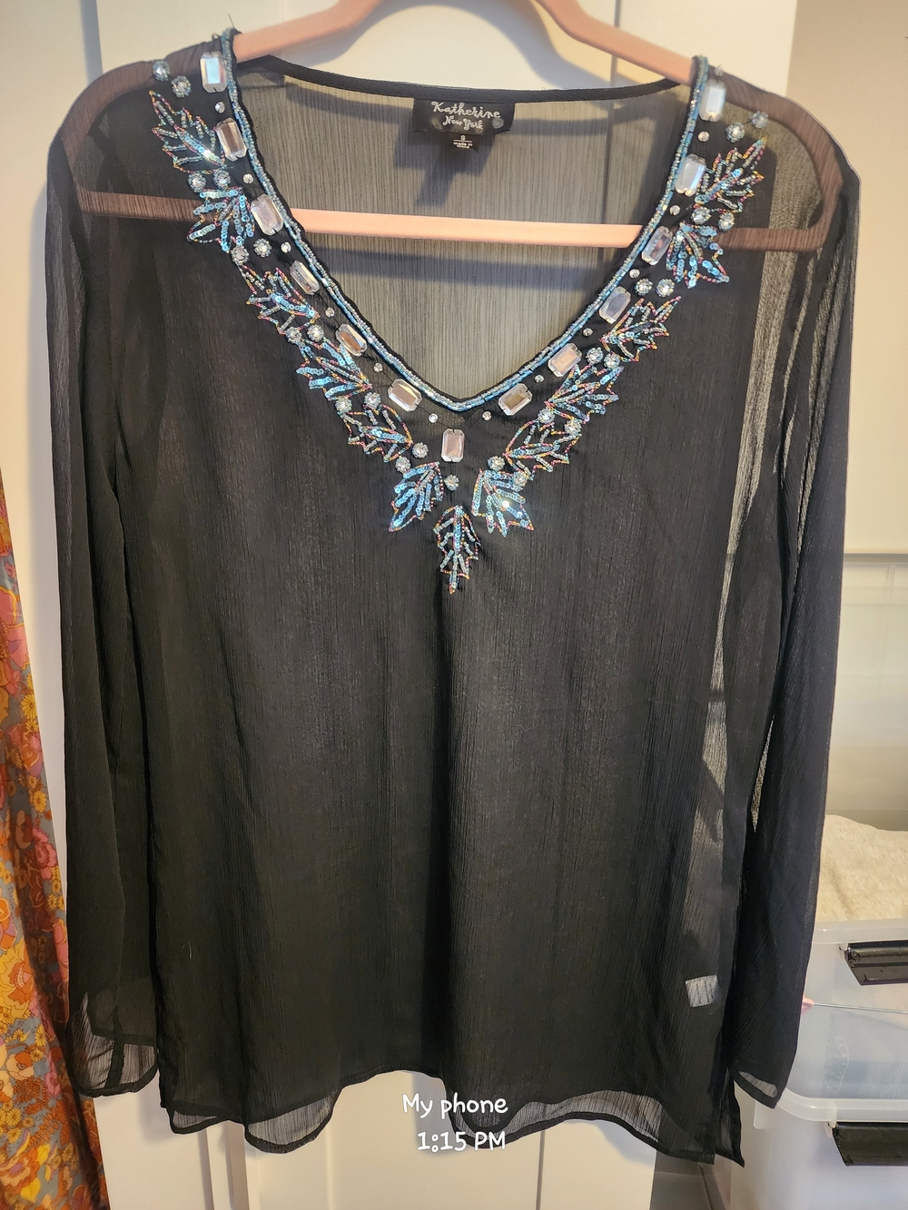 Katherine's Collection Black Sheer V-Neck Tunic with Iridescent Beading